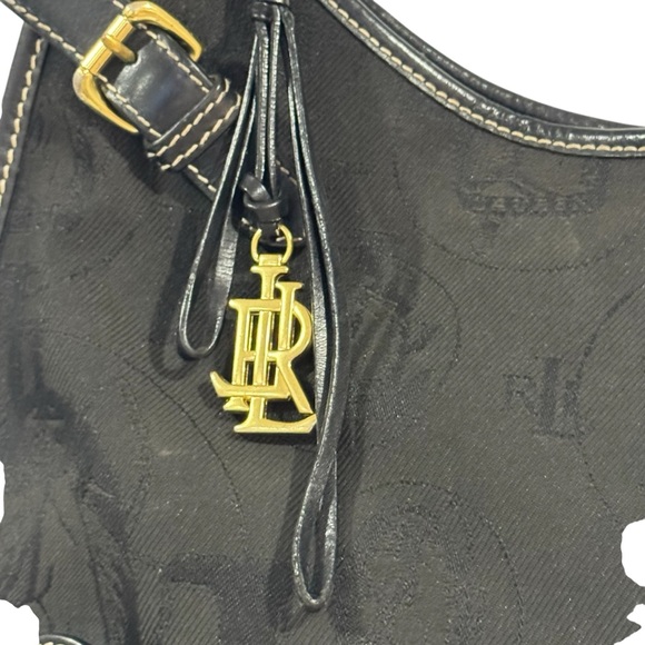 LRL Lauren Ralph Lauren Black Shoulder Bag Signature Logo Canvas Buckles Flawed - Picture 10 of 13